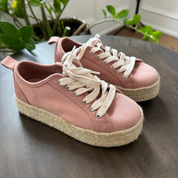Zara Girls Pink Canvas Jute Platform Espadrille - Size 32 (US 1) - Like New - Picture 3 of 8
